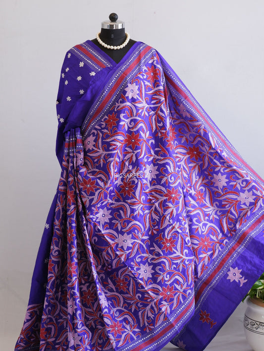 Kantha - Stitch Hand Embroidered Saree | Pure Bangalore Silk | Silk Mark Certified | Blue