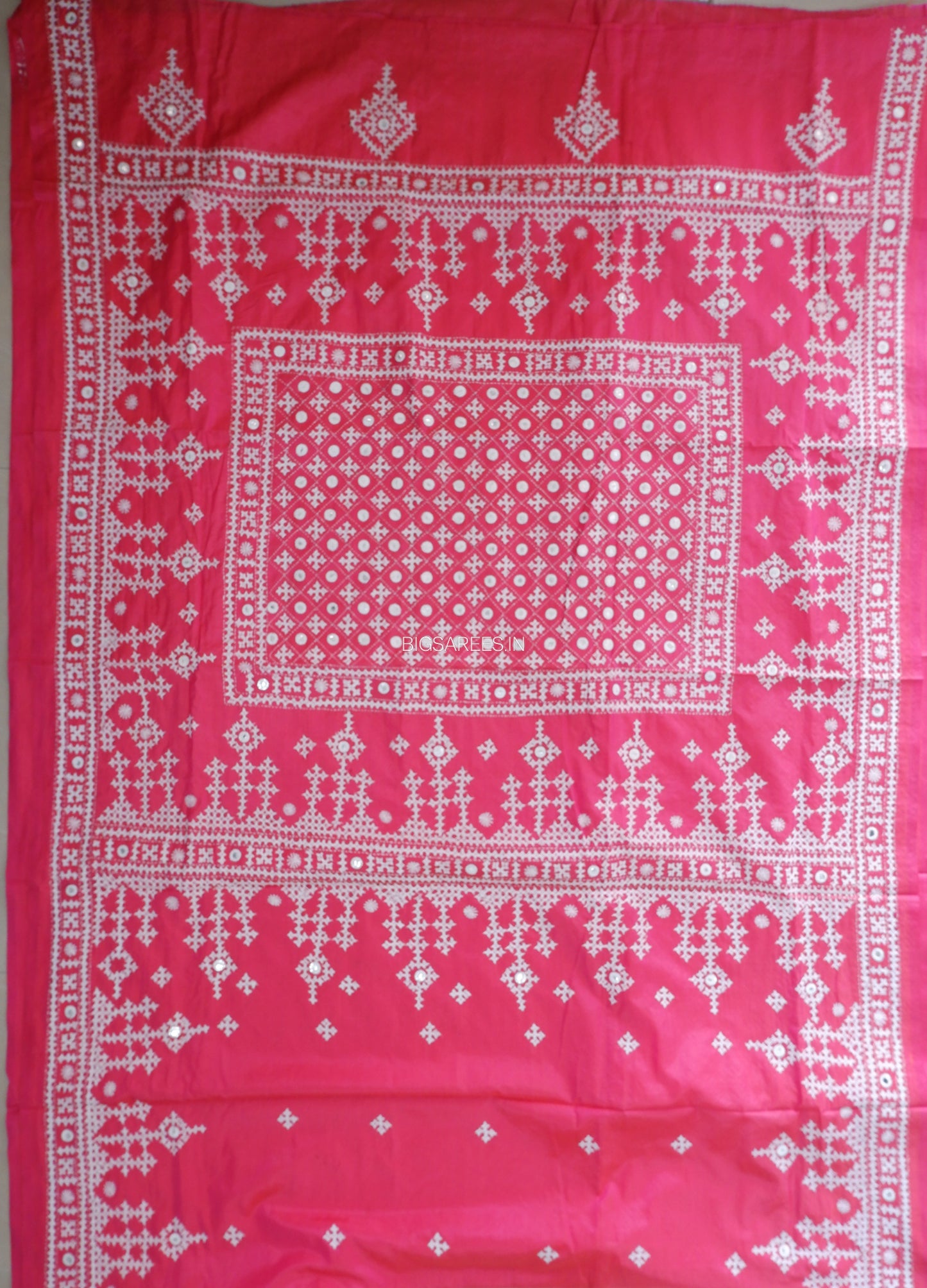 Kutchi/Gujarati Stitch Hand Embroidered Saree | Art Silk | Foil Mirror | Pink