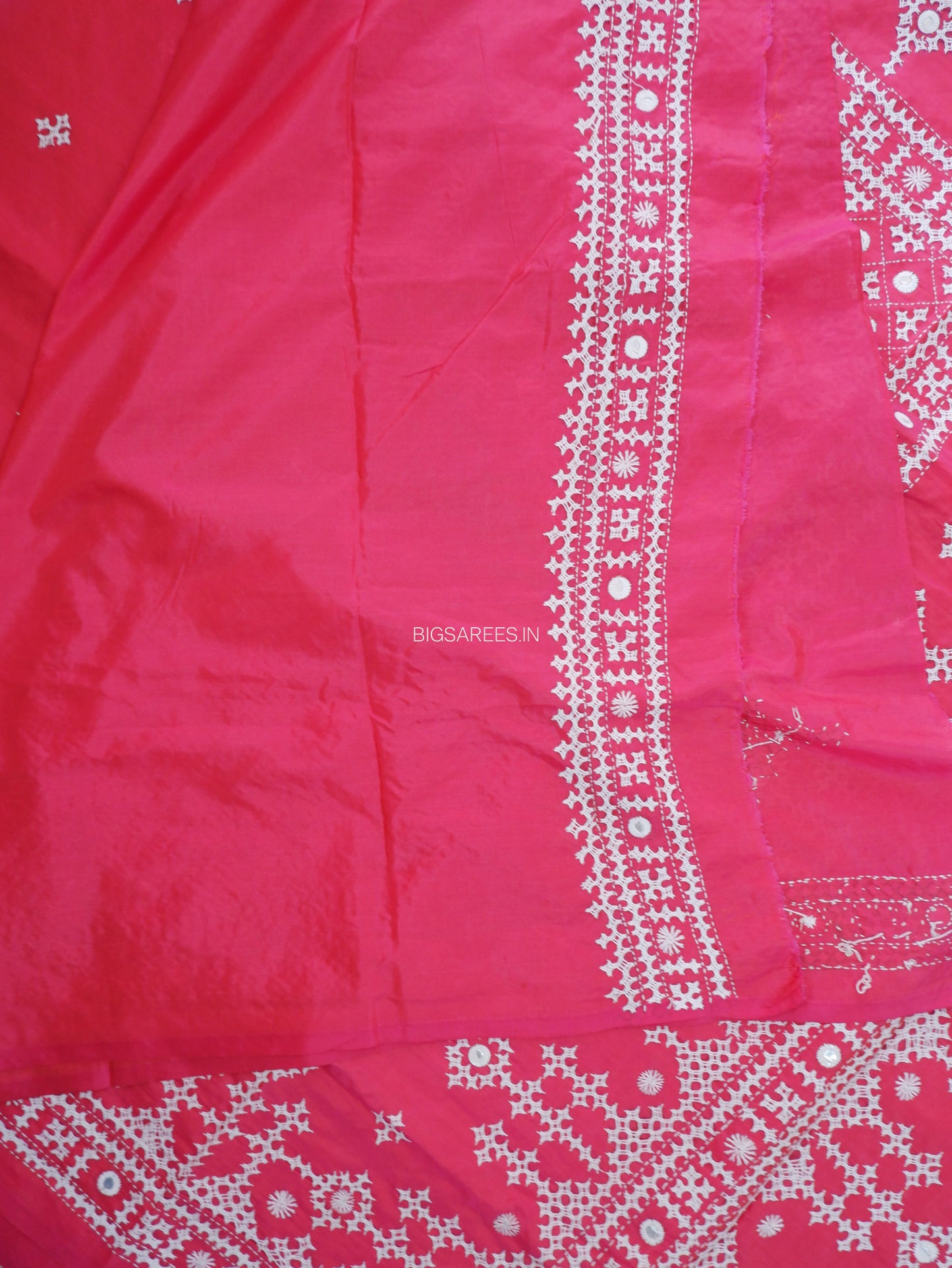 Kutchi/Gujarati Stitch Hand Embroidered Saree | Art Silk | Foil Mirror | Pink
