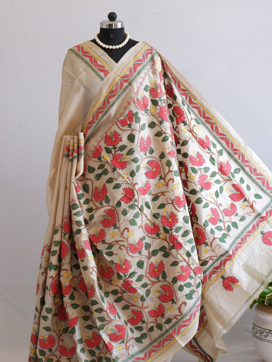 Kantha Stitch Hand Embroidered Saree | Gachi Tussar Silk | Beige