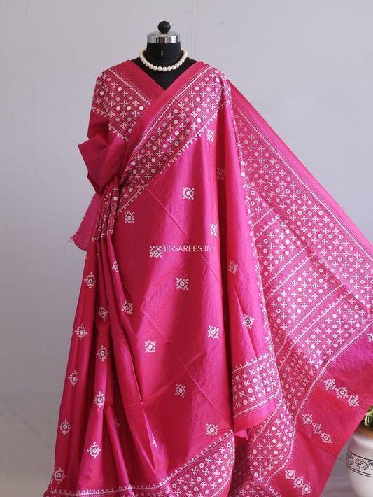 Kutch Hand Embroidered Saree| Pure Bangalore Silk | Pink