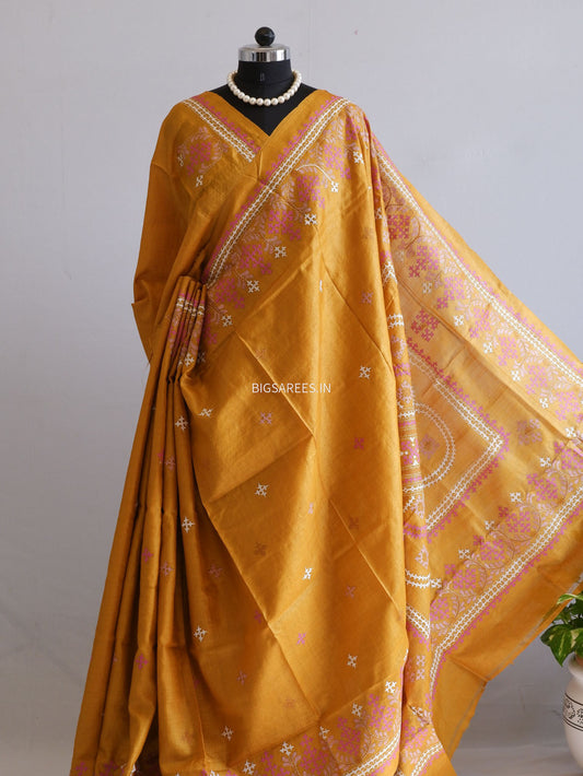 Kutchi Hand Embroidered Saree | Gachi Tassar Silk | Silk Marked | Ochre