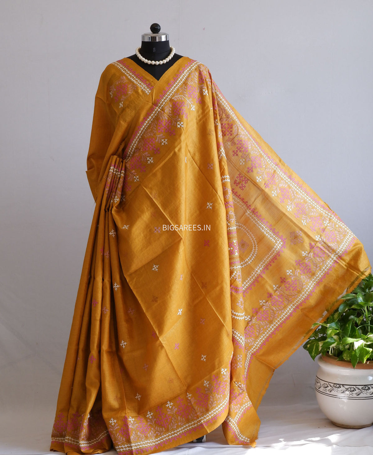 Kutchi Hand Embroidered Saree | Gachi Tassar Silk | Silk Marked | Ochre