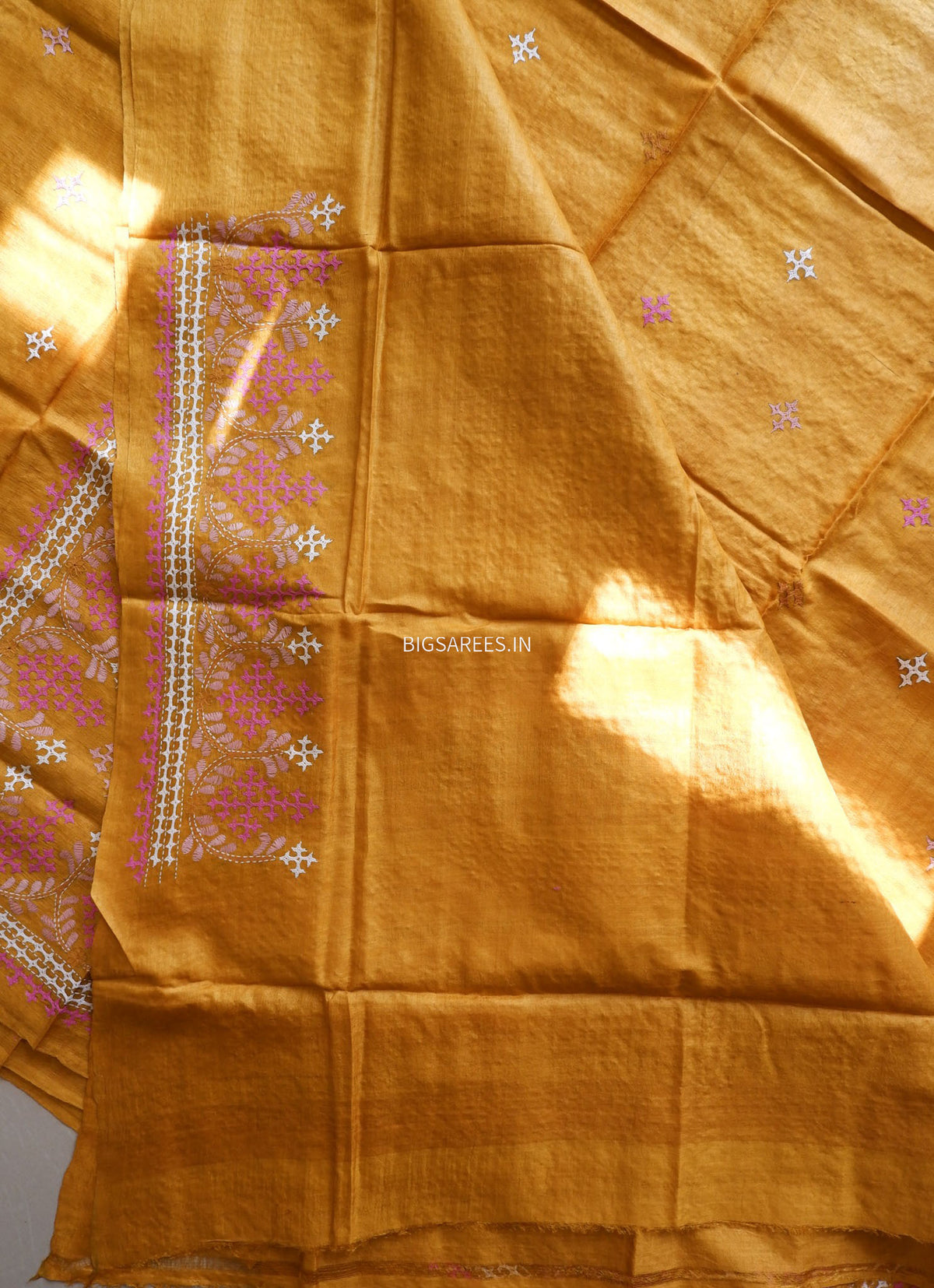 Kutchi Hand Embroidered Saree | Gachi Tassar Silk | Silk Marked | Ochre