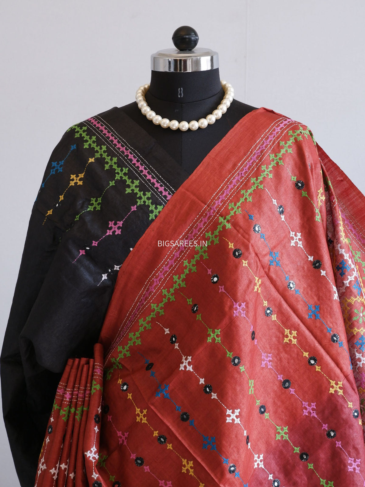 Kutchi Hand Embroidered Saree | Tassar Silk | Silk Marked | Red/Black