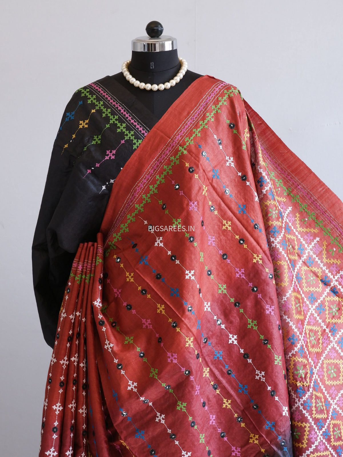 Kutchi Hand Embroidered Saree | Tassar Silk | Silk Marked | Red/Black