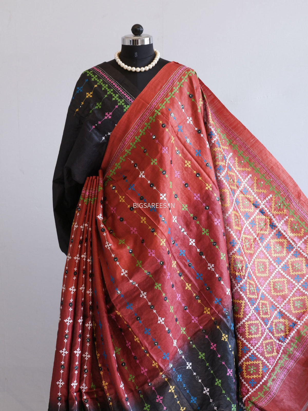Kutchi Hand Embroidered Saree | Tassar Silk | Silk Marked | Red/Black