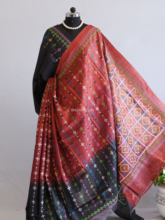 Kutchi Hand Embroidered Saree | Tassar Silk | Silk Marked | Red/Black