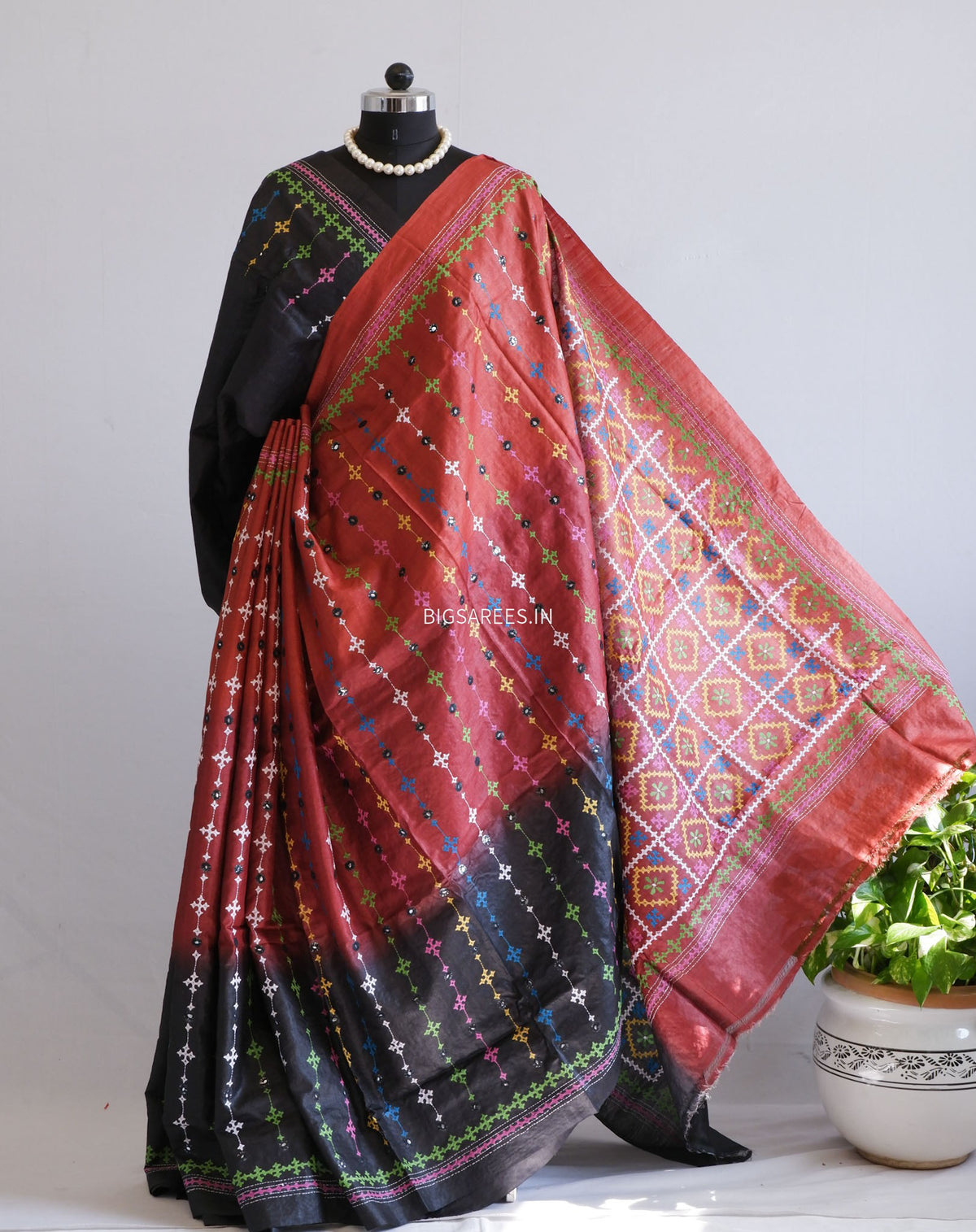 Kutchi Hand Embroidered Saree | Tassar Silk | Silk Marked | Red/Black