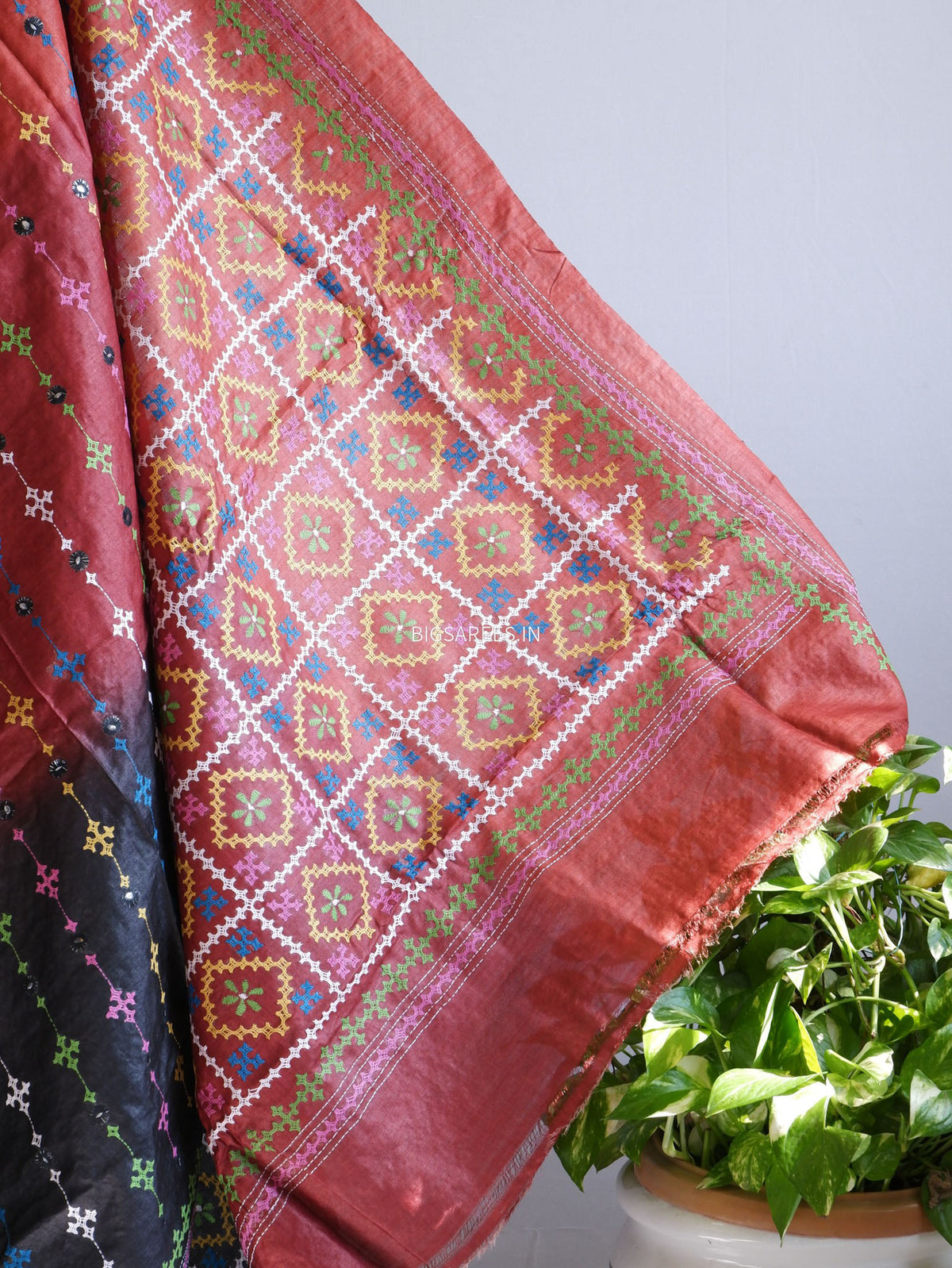 Kutchi Hand Embroidered Saree | Tassar Silk | Silk Marked | Red/Black