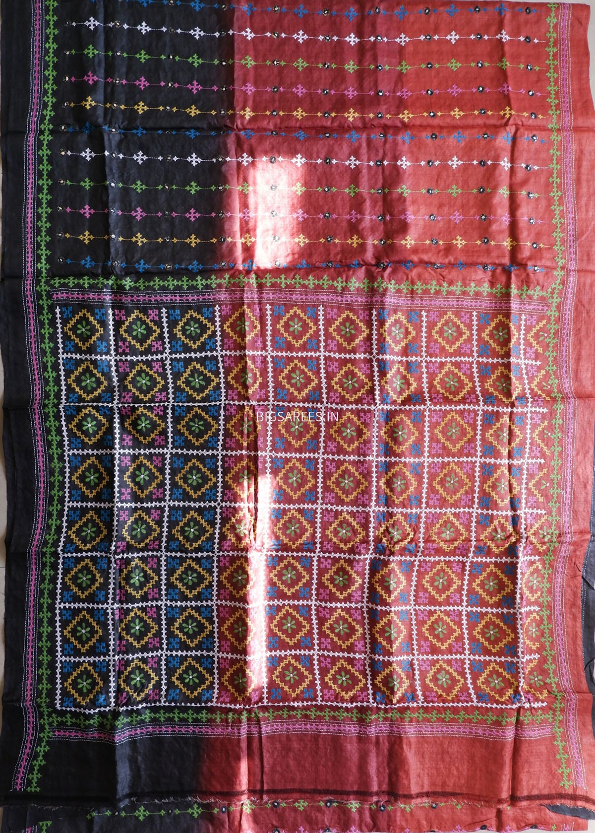 Kutchi Hand Embroidered Saree | Tassar Silk | Silk Marked | Red/Black