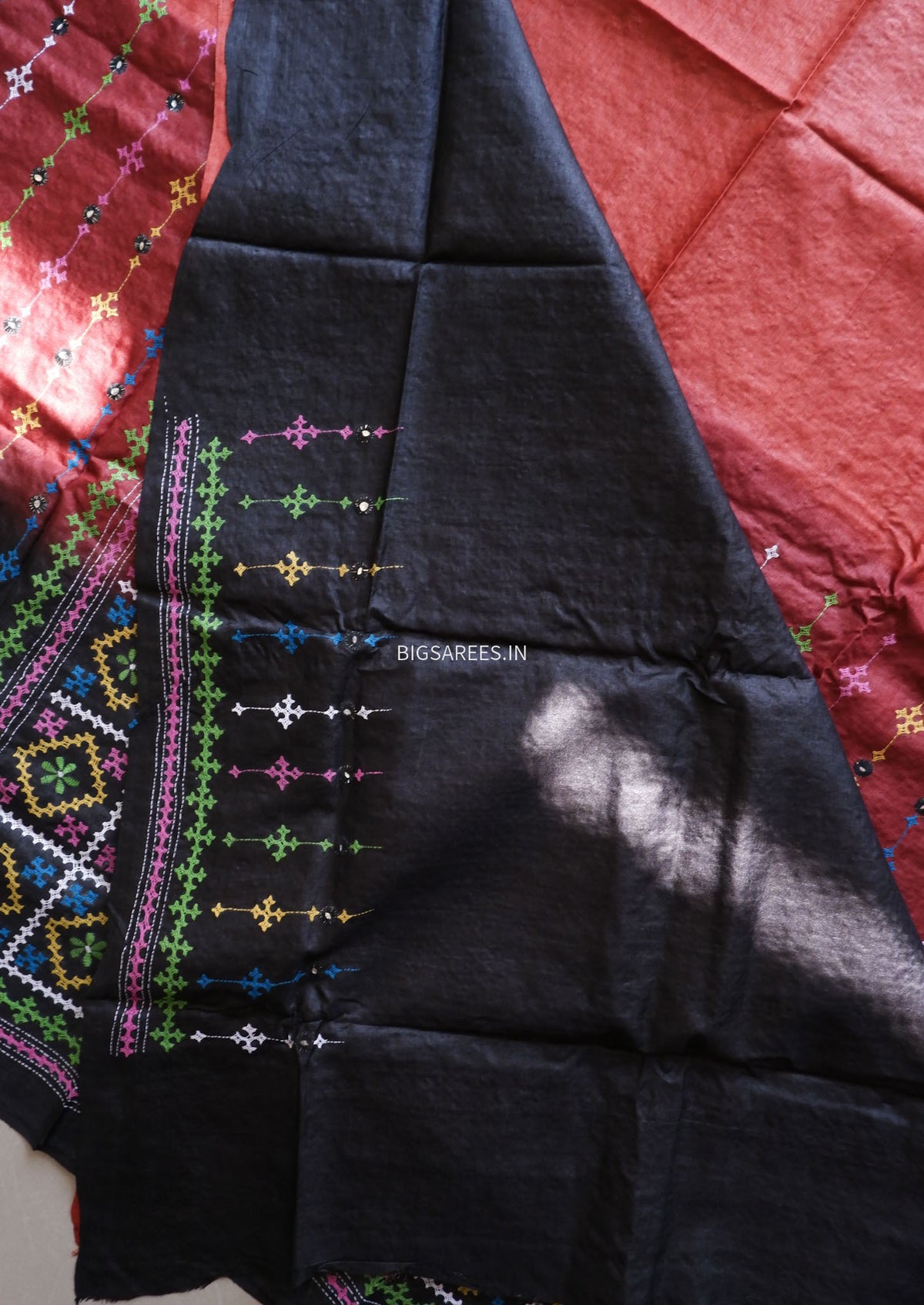 Kutchi Hand Embroidered Saree | Tassar Silk | Silk Marked | Red/Black
