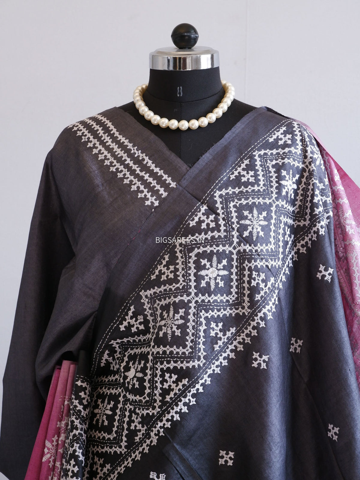 Kutchi Hand Embroidered Saree | Pure Tassar Silk | Silk Marked | Black/Pink