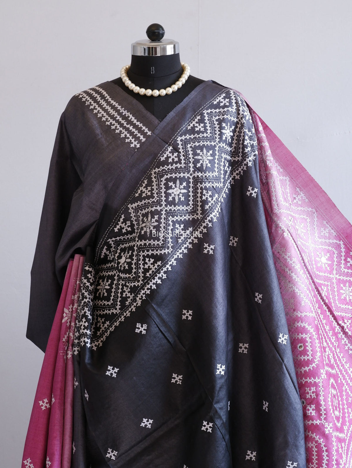 Kutchi Hand Embroidered Saree | Pure Tassar Silk | Silk Marked | Black/Pink