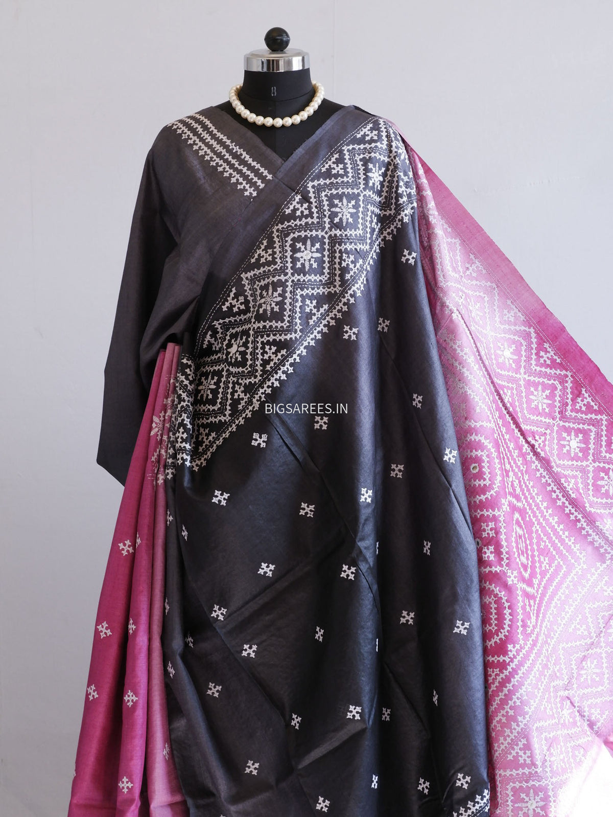 Kutchi Hand Embroidered Saree | Pure Tassar Silk | Silk Marked | Black/Pink