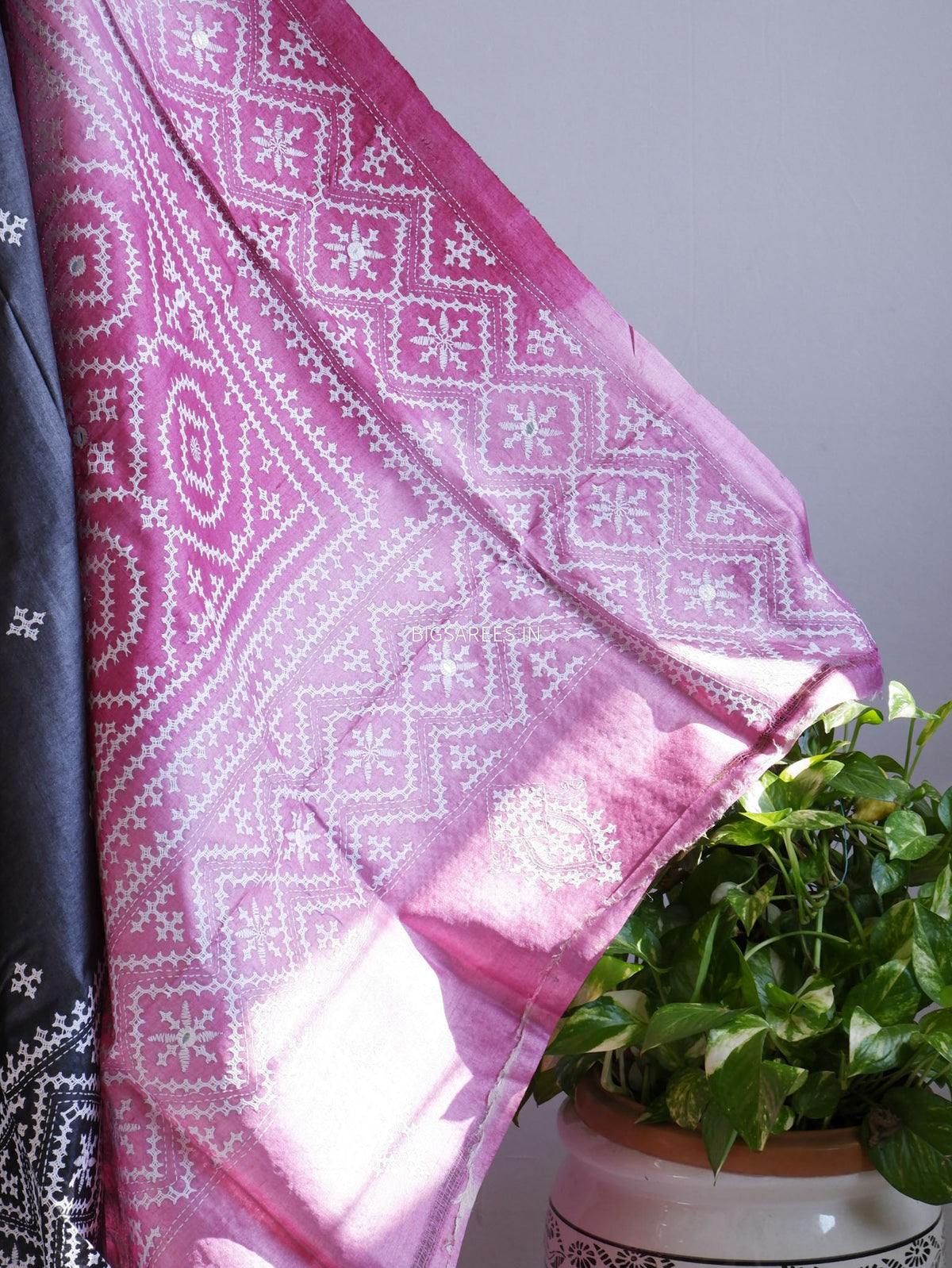 Kutchi Hand Embroidered Saree | Pure Tassar Silk | Silk Marked | Black/Pink