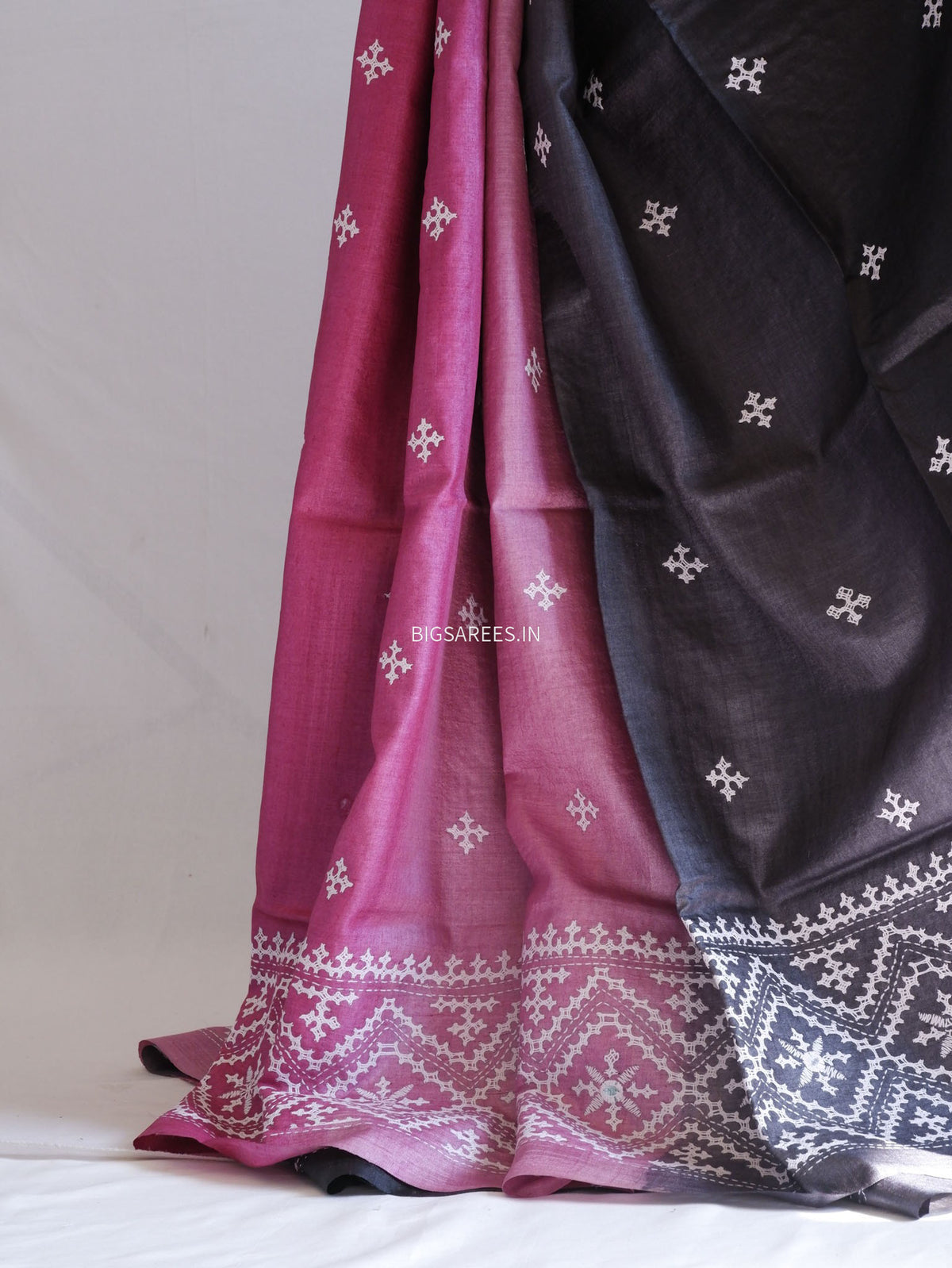 Kutchi Hand Embroidered Saree | Pure Tassar Silk | Silk Marked | Black/Pink