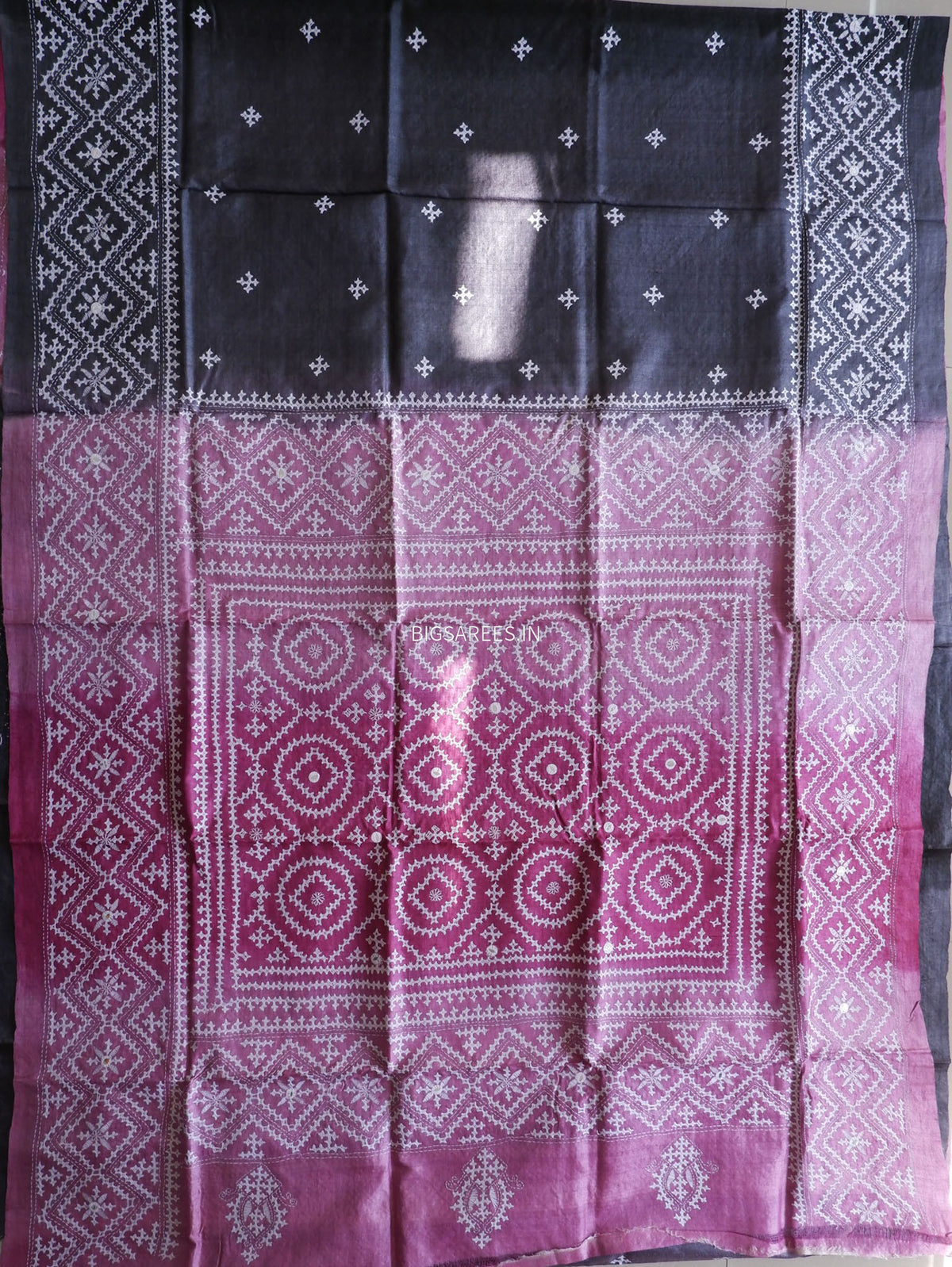 Kutchi Hand Embroidered Saree | Pure Tassar Silk | Silk Marked | Black/Pink