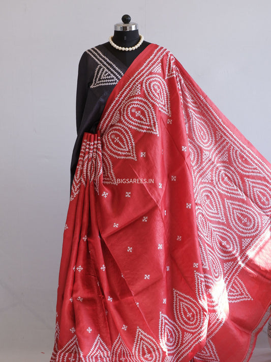 Kutchi Hand Embroidered Saree | Tassar Silk | Silk Marked | Red