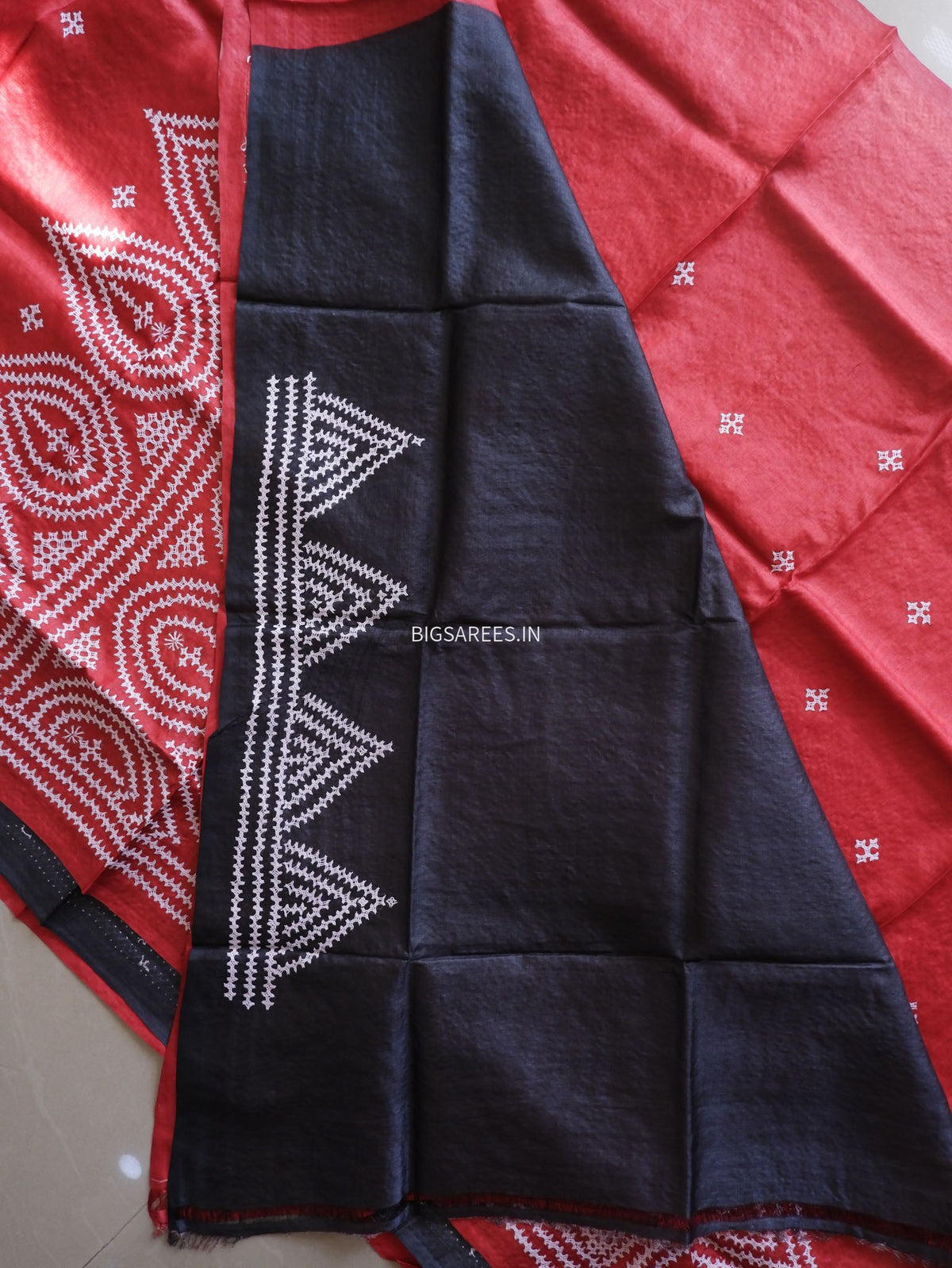 Kutchi Hand Embroidered Saree | Tassar Silk | Silk Marked | Red