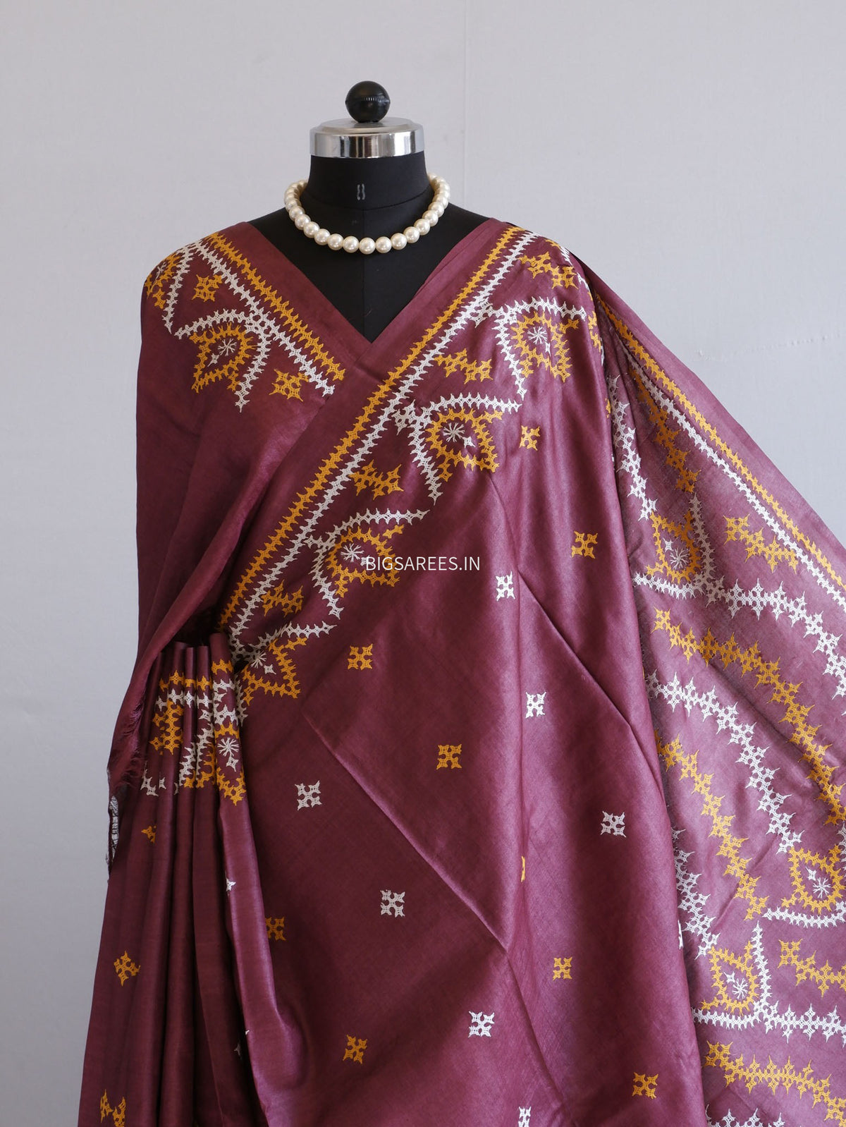 Kutchi Hand Embroidered Saree | Pure Tassar Silk | Silk Marked | Brown