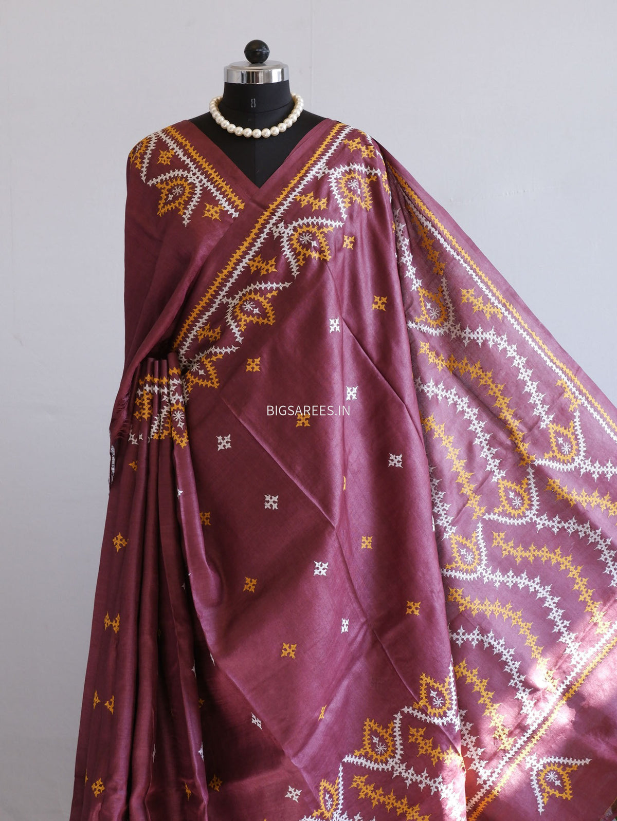 Kutchi Hand Embroidered Saree | Pure Tassar Silk | Silk Marked | Brown