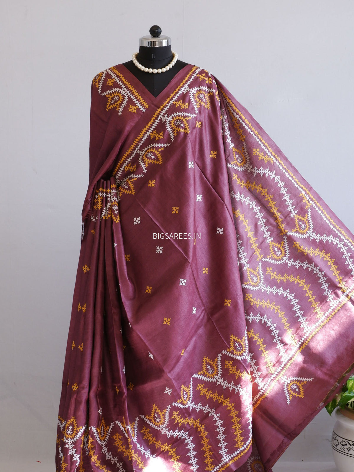Kutchi Hand Embroidered Saree | Pure Tassar Silk | Silk Marked | Brown
