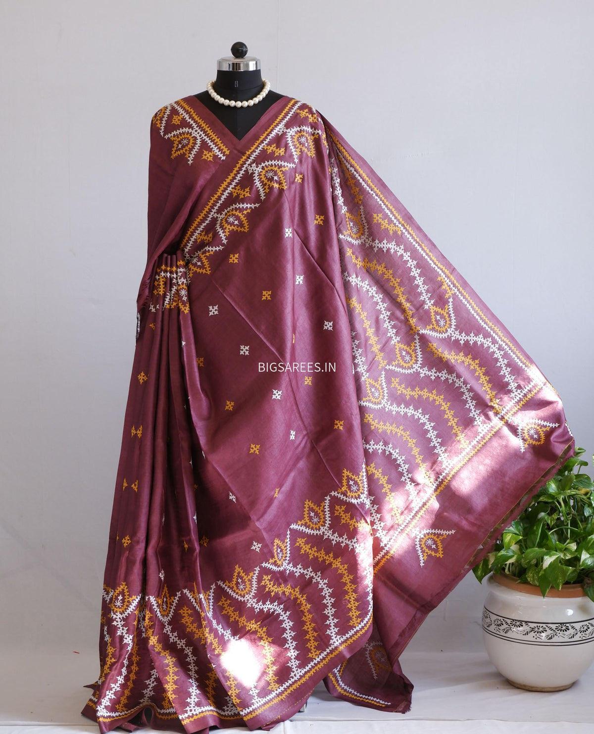 Kutchi Hand Embroidered Saree | Pure Tassar Silk | Silk Marked | Brown