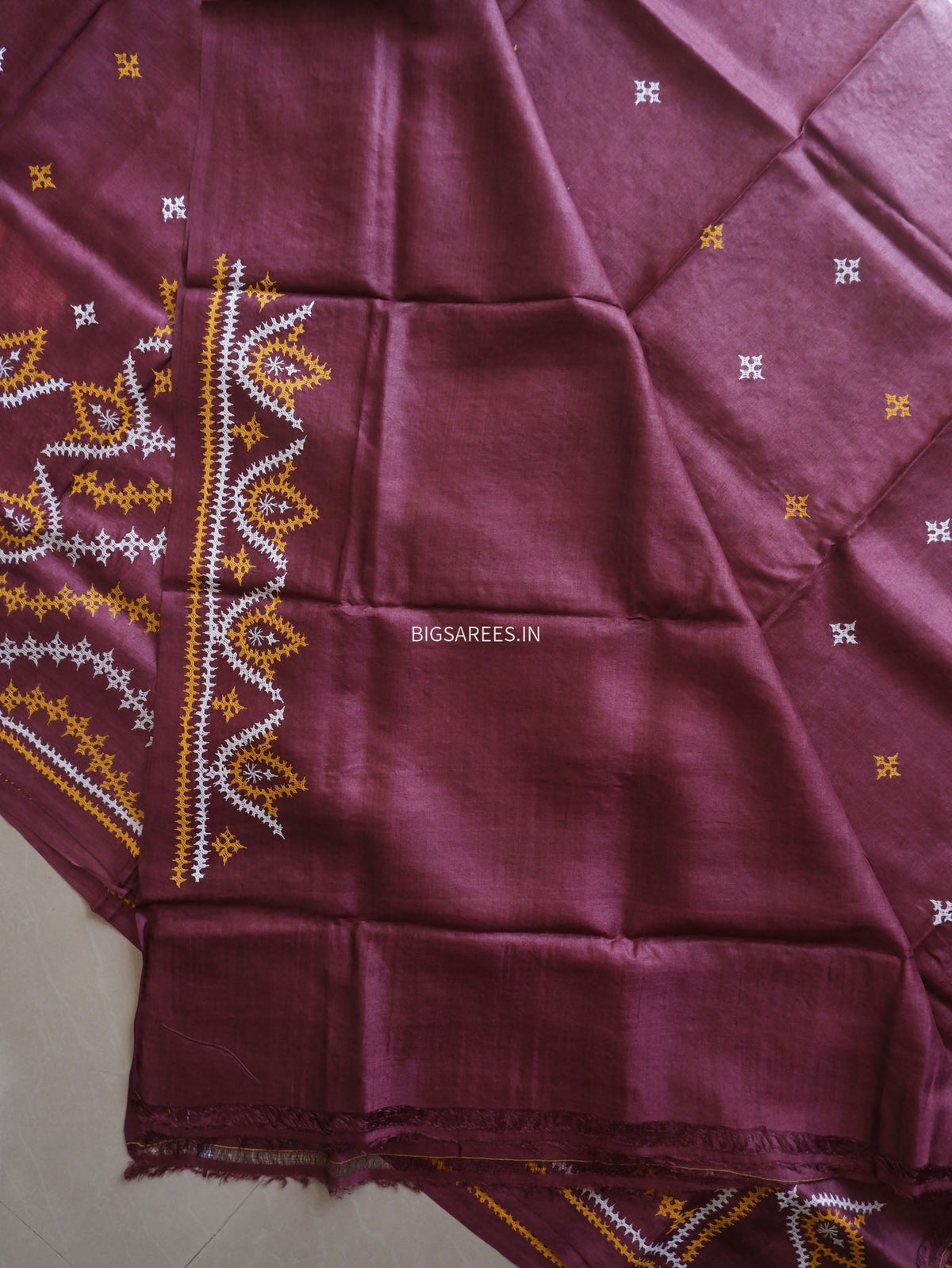Kutchi Hand Embroidered Saree | Pure Tassar Silk | Silk Marked | Brown