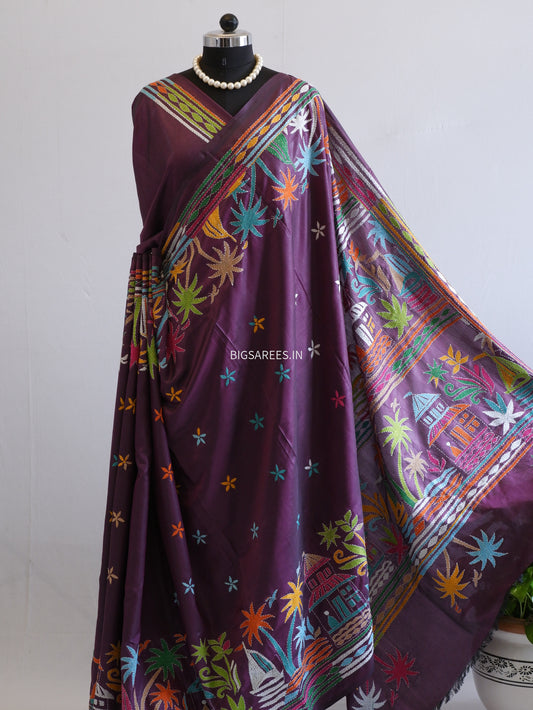 Kantha Stitch Hand Embroidered Saree | Blended Bangalore Silk / Art Silk | Purple
