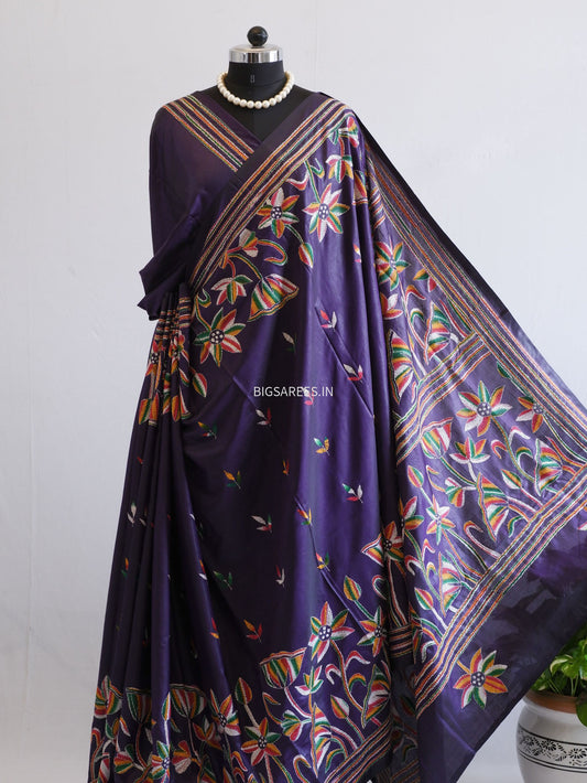 Kantha Hand Embroidered Sarees | Blended Banglore Silk/Art Silk | Deep Violet