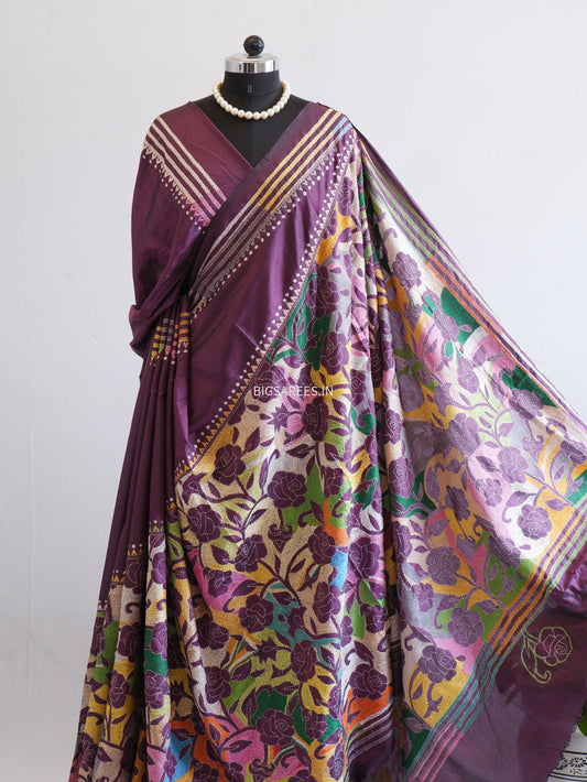Reverse Kantha Stitch Hand Embroidered Saree | Blended Bangalore Silk / Art Silk | Purple