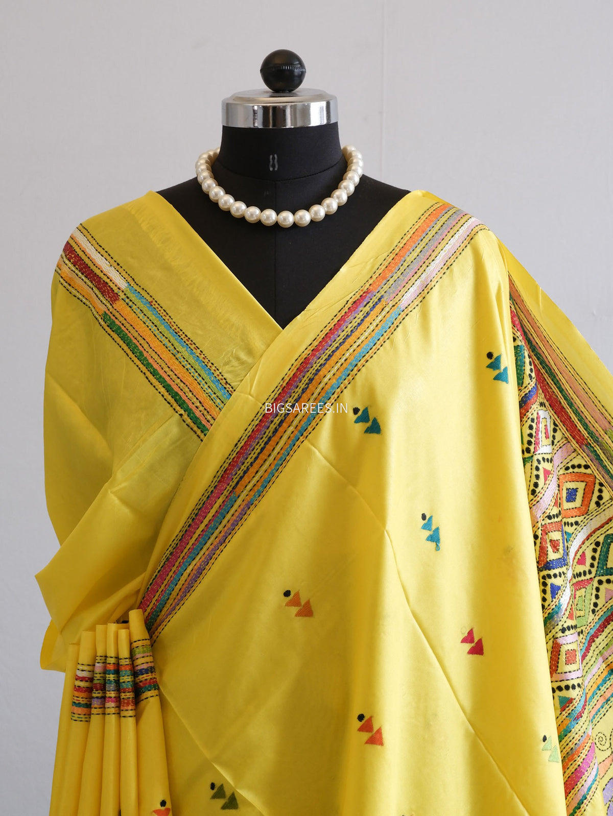 Kantha - Stitch Hand Embroidered Saree | Blended Bangalore Silk / Art Silk | Bright Yellow