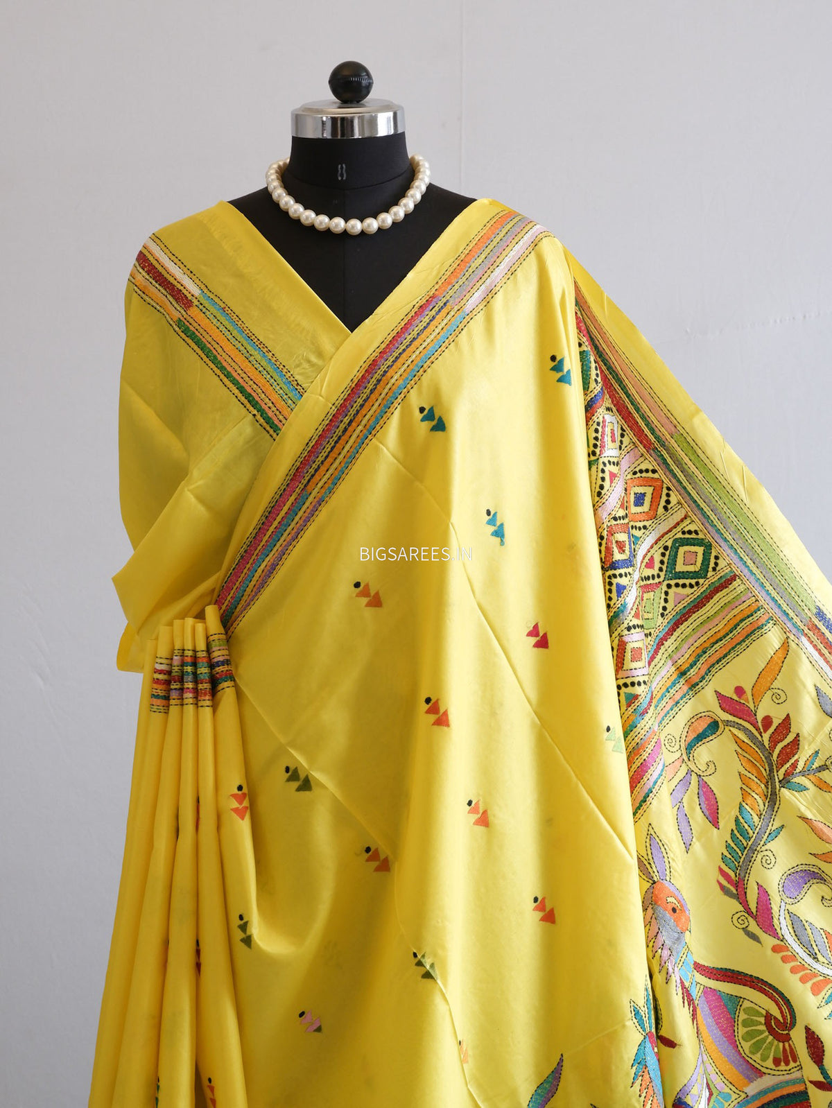 Kantha - Stitch Hand Embroidered Saree | Blended Bangalore Silk / Art Silk | Bright Yellow