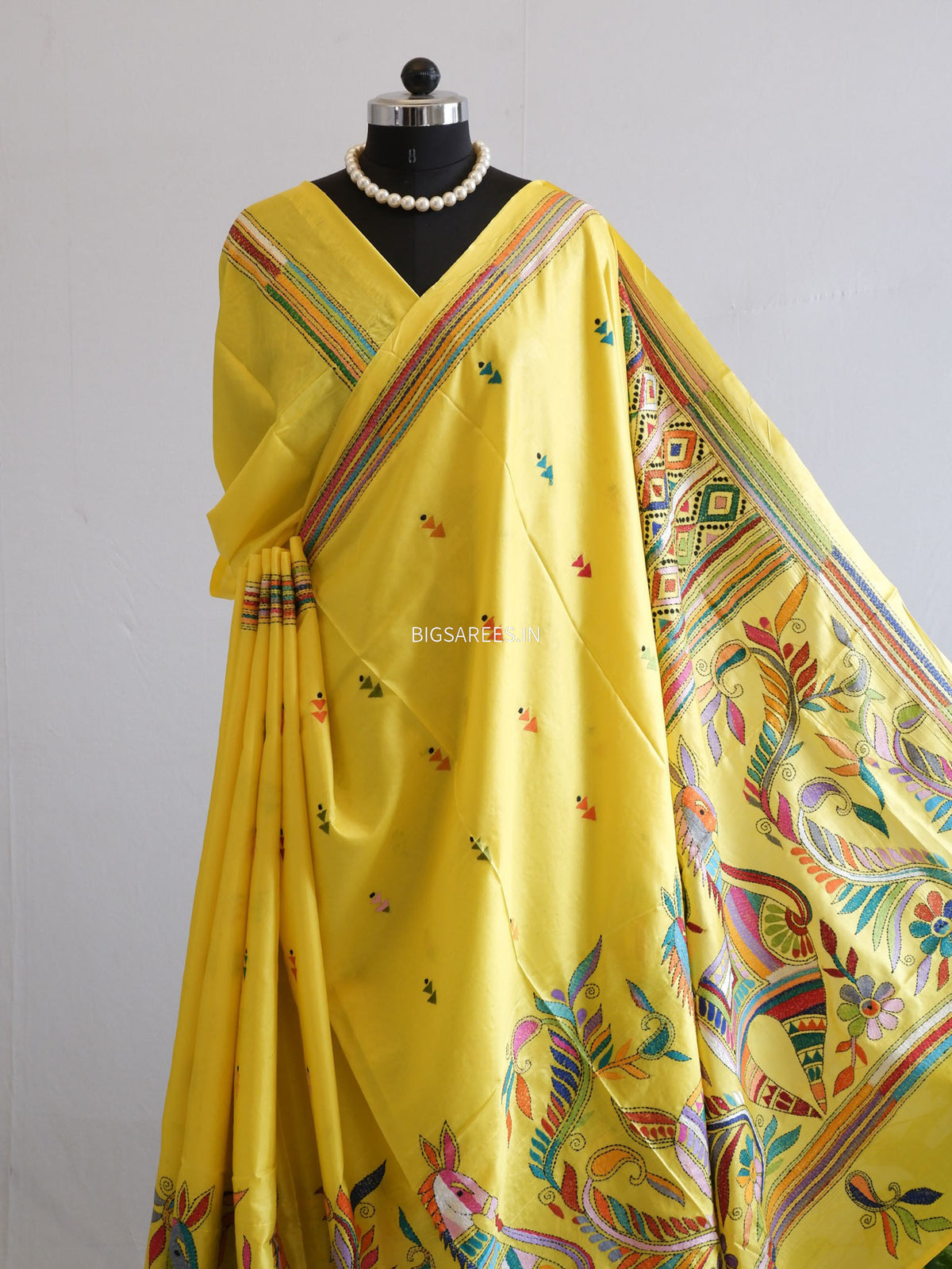 Kantha - Stitch Hand Embroidered Saree | Blended Bangalore Silk / Art Silk | Bright Yellow
