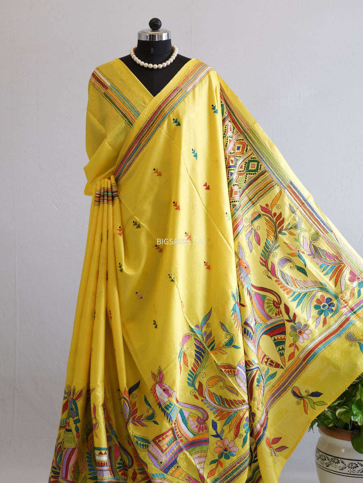 Kantha - Stitch Hand Embroidered Saree | Blended Bangalore Silk / Art Silk | Bright Yellow