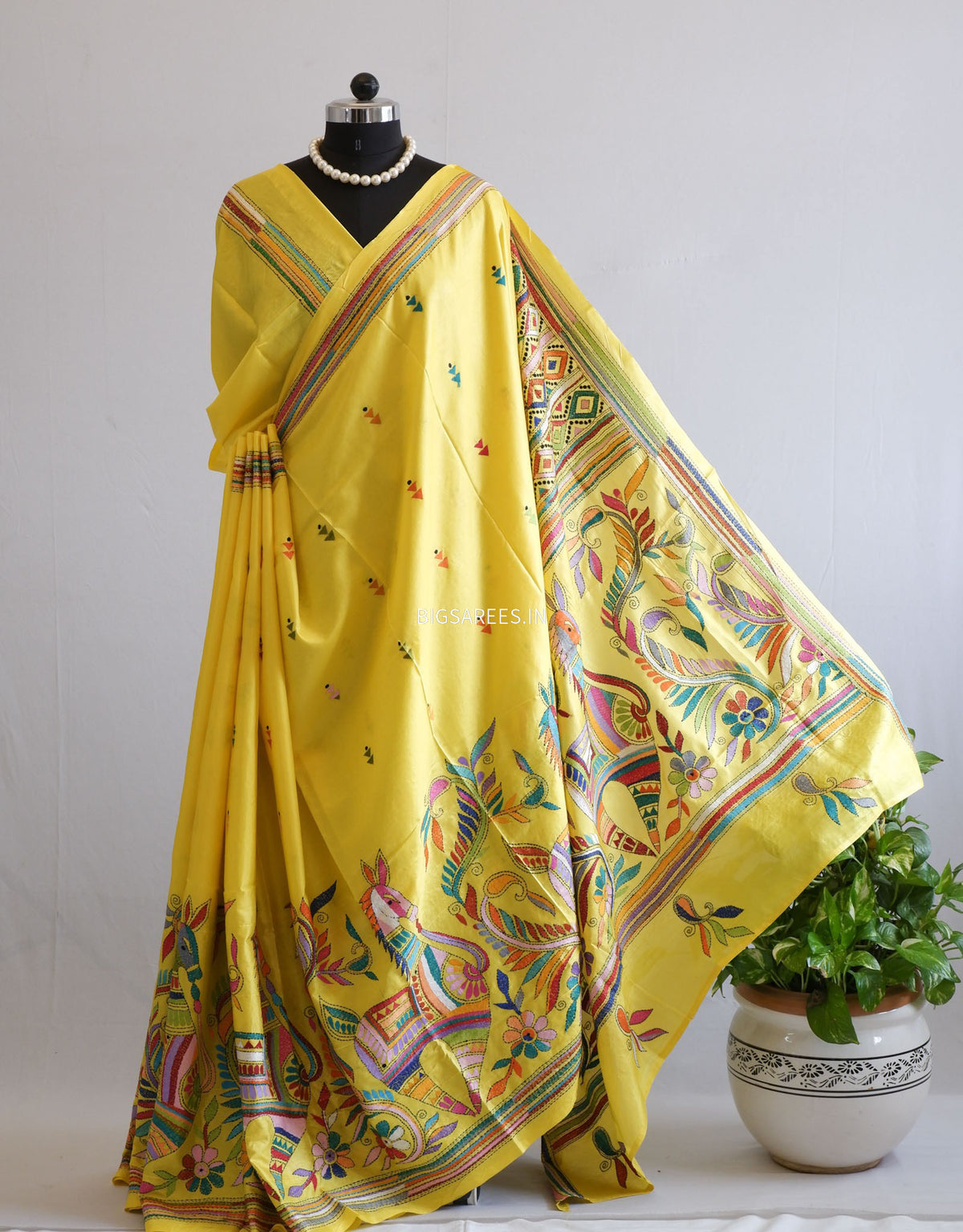 Kantha - Stitch Hand Embroidered Saree | Blended Bangalore Silk / Art Silk | Bright Yellow