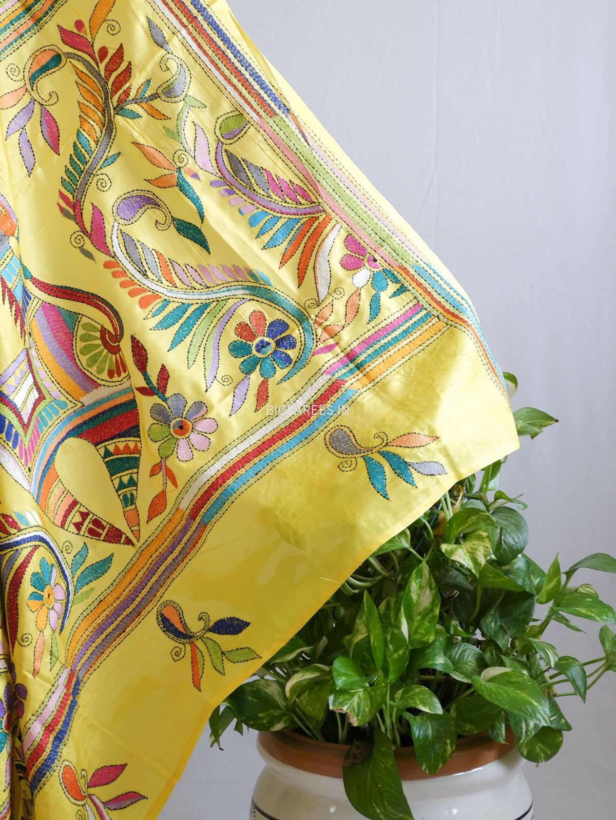 Kantha - Stitch Hand Embroidered Saree | Blended Bangalore Silk / Art Silk | Bright Yellow