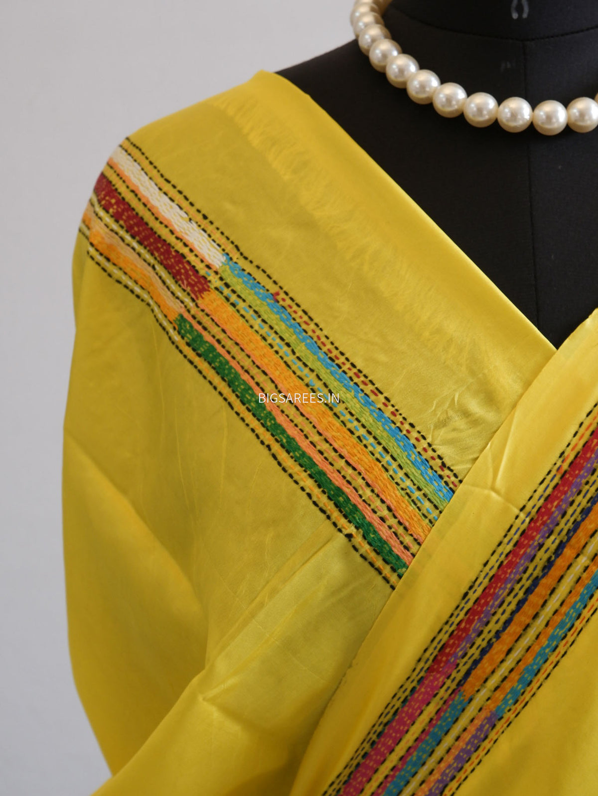 Kantha - Stitch Hand Embroidered Saree | Blended Bangalore Silk / Art Silk | Bright Yellow