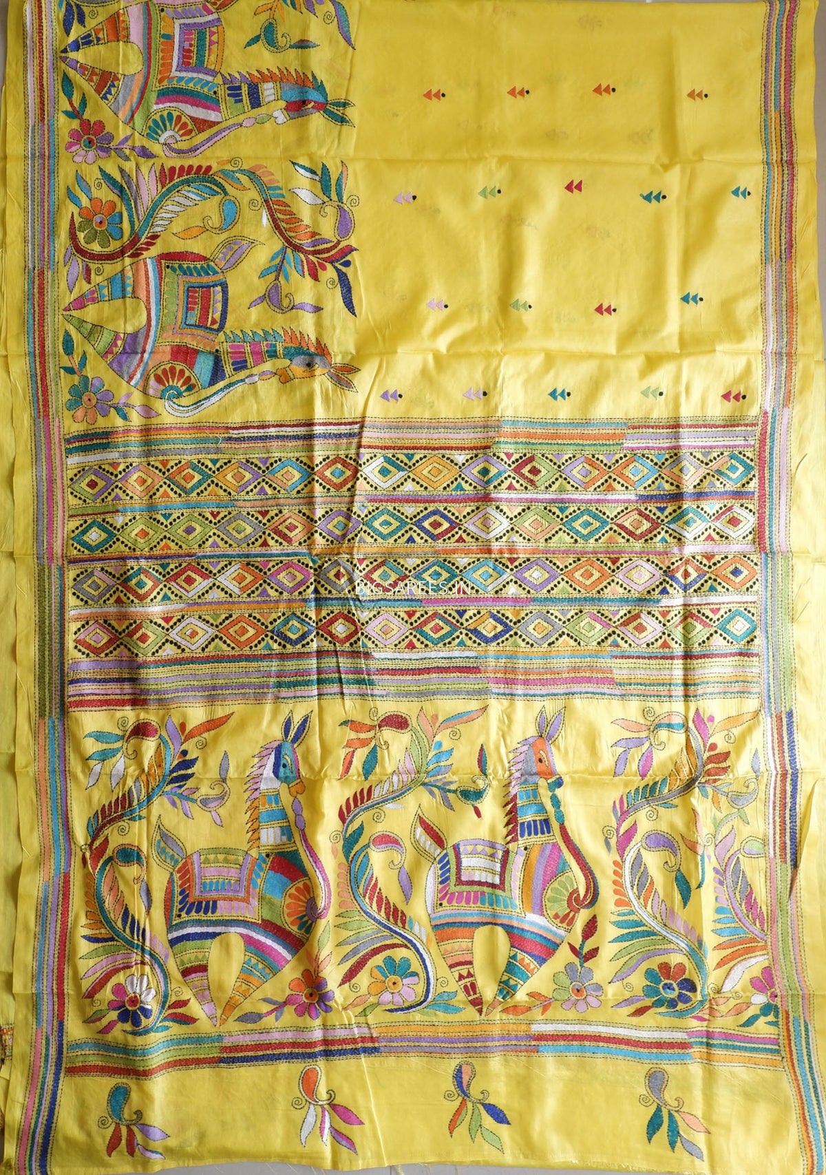 Kantha - Stitch Hand Embroidered Saree | Blended Bangalore Silk / Art Silk | Bright Yellow