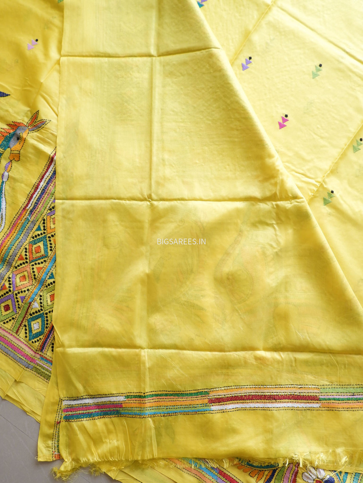 Kantha - Stitch Hand Embroidered Saree | Blended Bangalore Silk / Art Silk | Bright Yellow