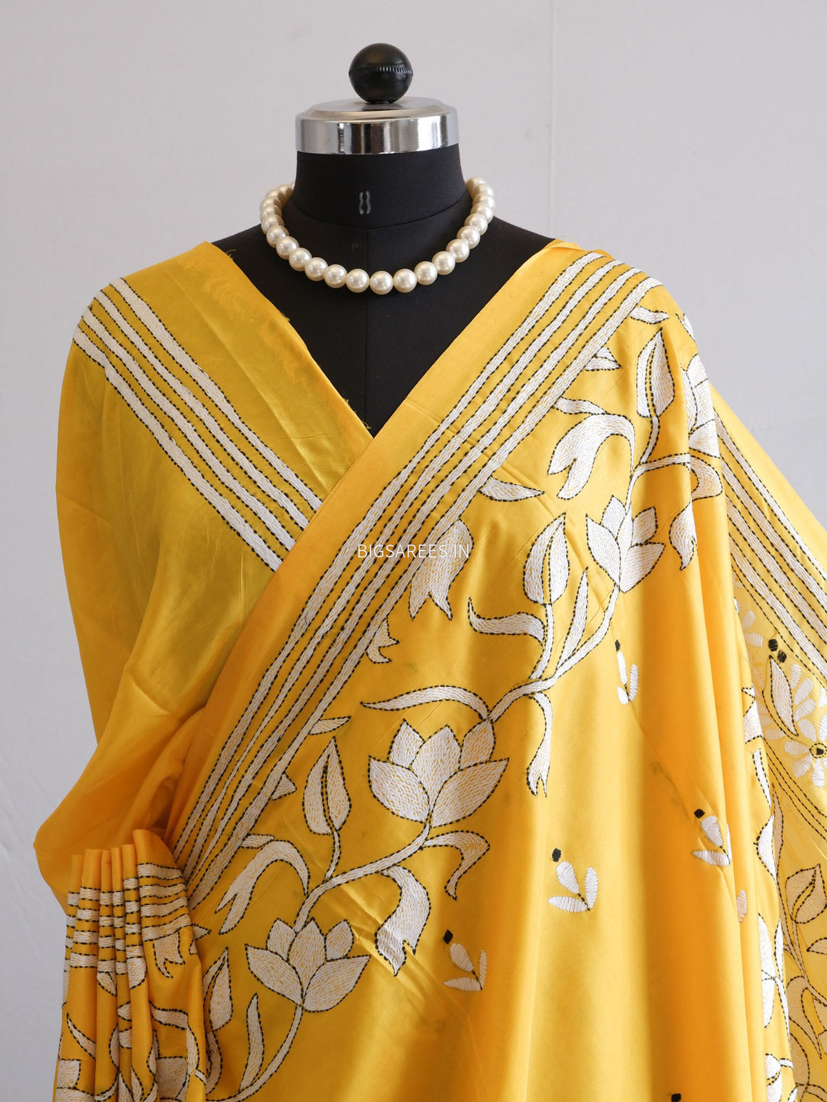 Kantha - Stitch Hand Embroidered Saree | Blended Bangalore Silk / Art Silk | Yellow