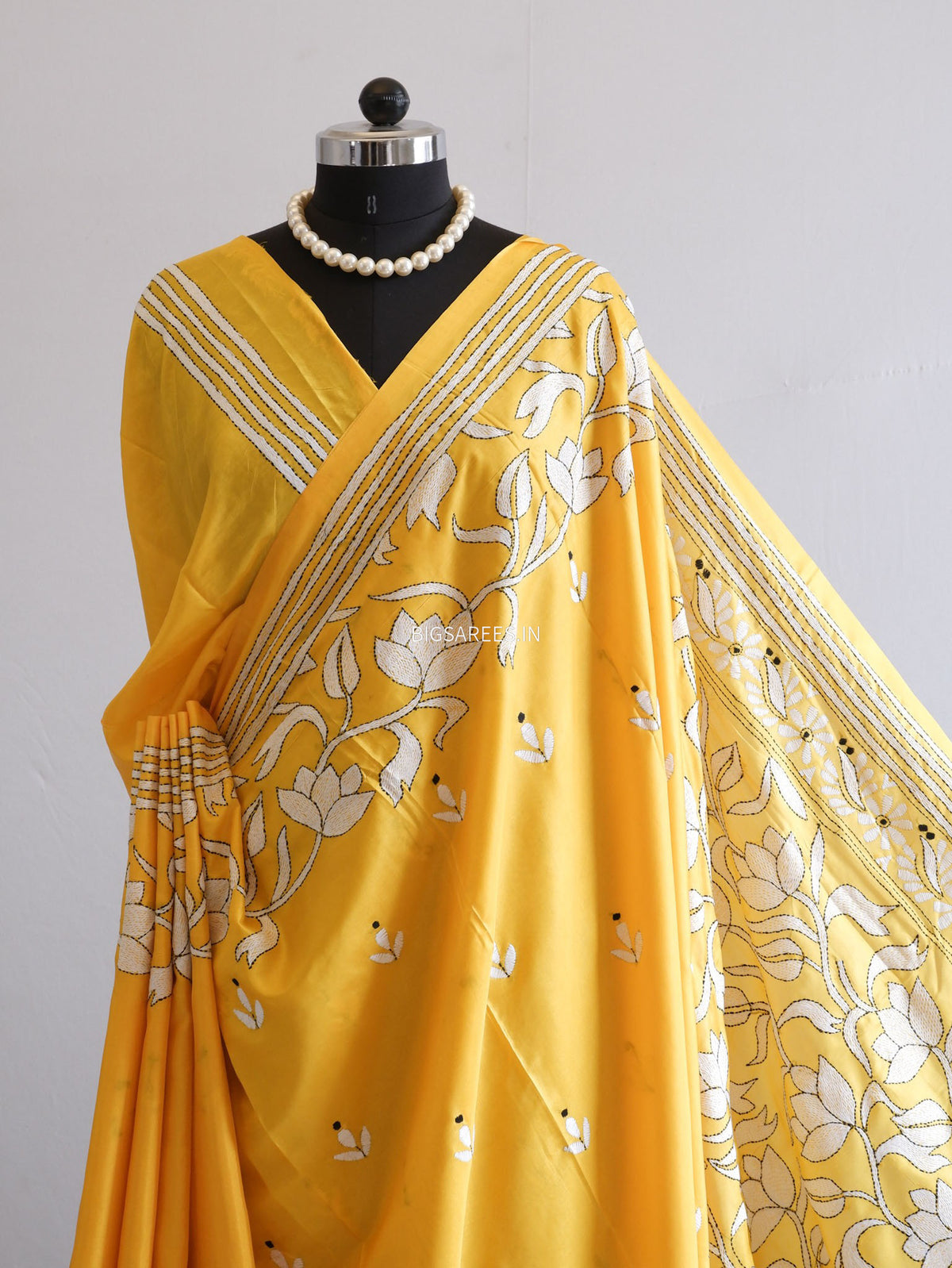 Kantha - Stitch Hand Embroidered Saree | Blended Bangalore Silk / Art Silk | Yellow