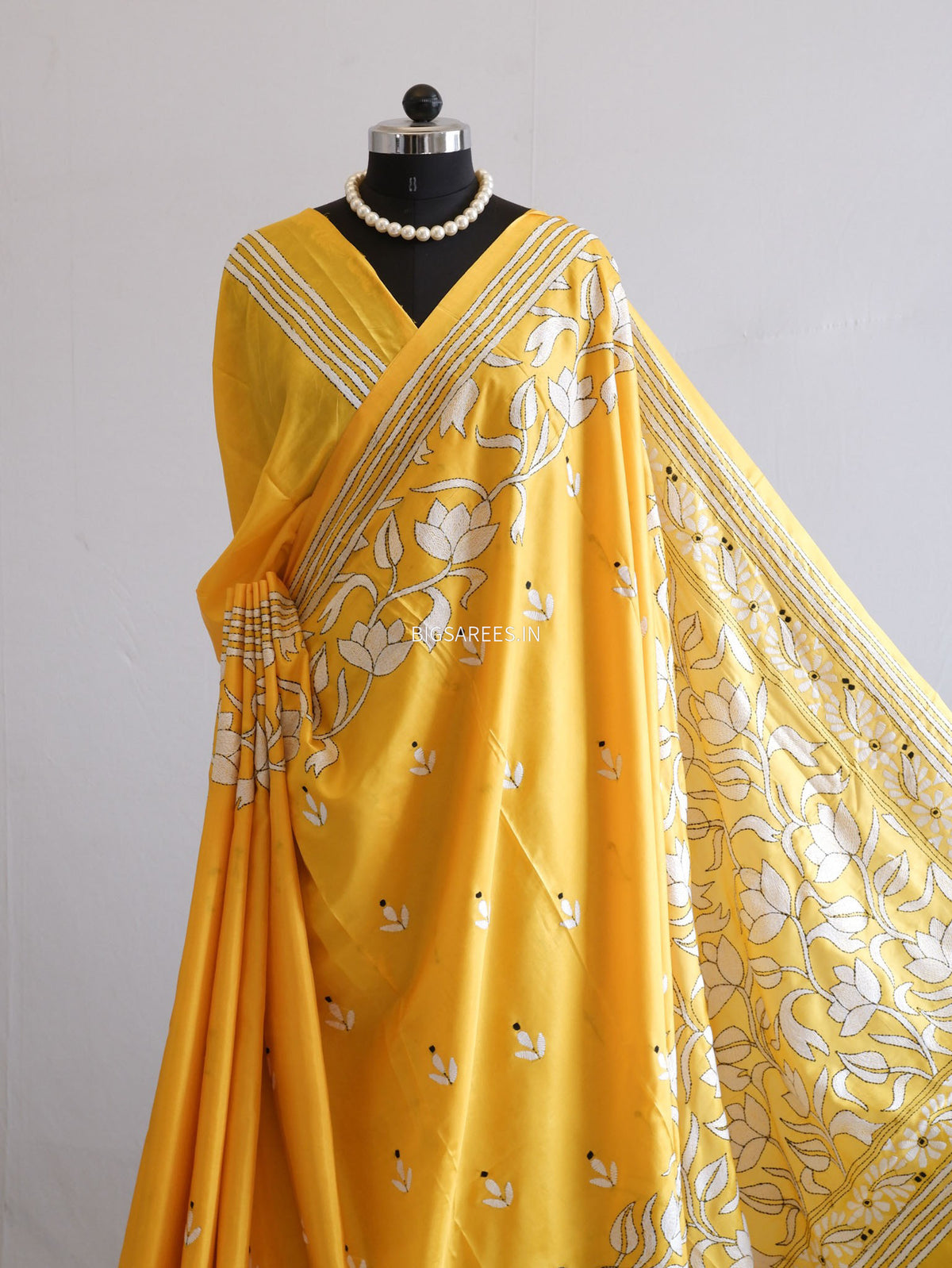 Kantha - Stitch Hand Embroidered Saree | Blended Bangalore Silk / Art Silk | Yellow