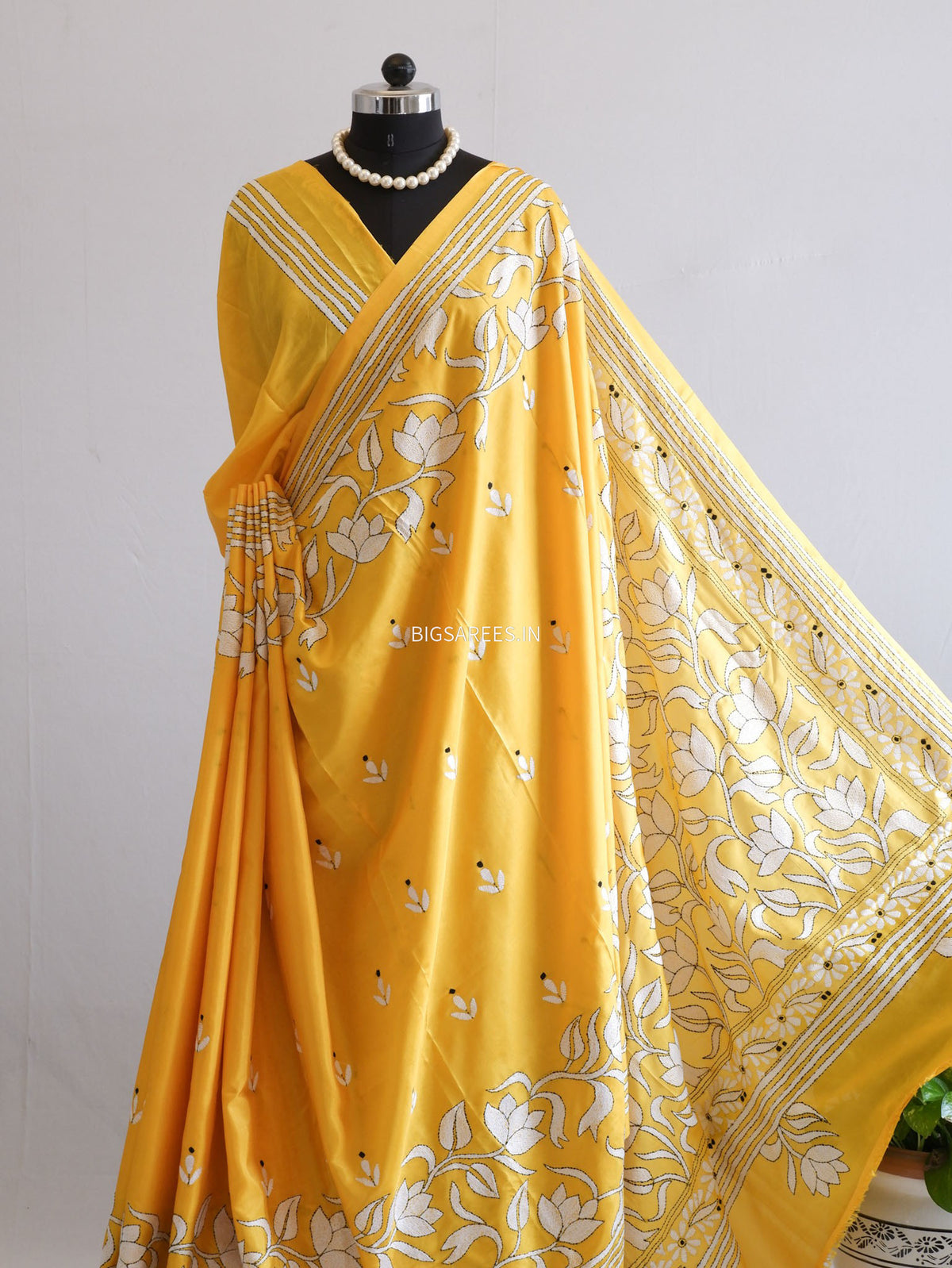 Kantha - Stitch Hand Embroidered Saree | Blended Bangalore Silk / Art Silk | Yellow