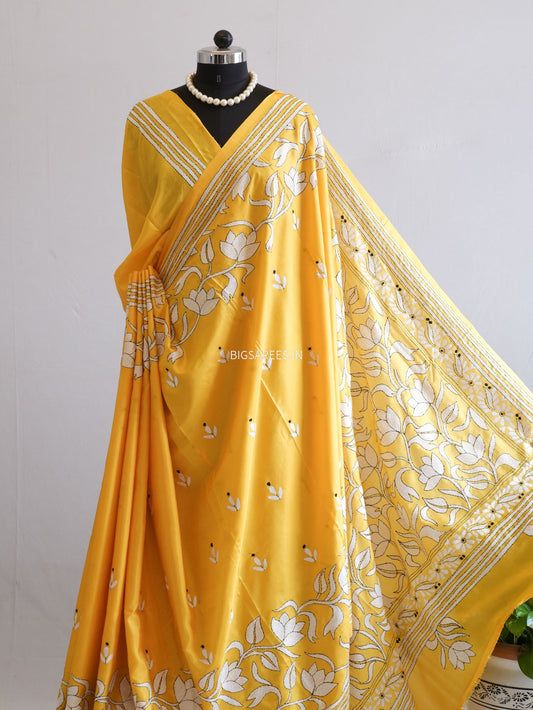 Kantha - Stitch Hand Embroidered Saree | Blended Bangalore Silk / Art Silk | Yellow