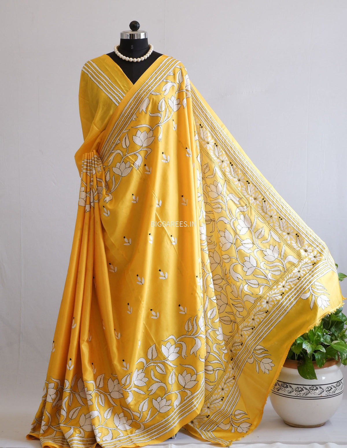 Kantha - Stitch Hand Embroidered Saree | Blended Bangalore Silk / Art Silk | Yellow