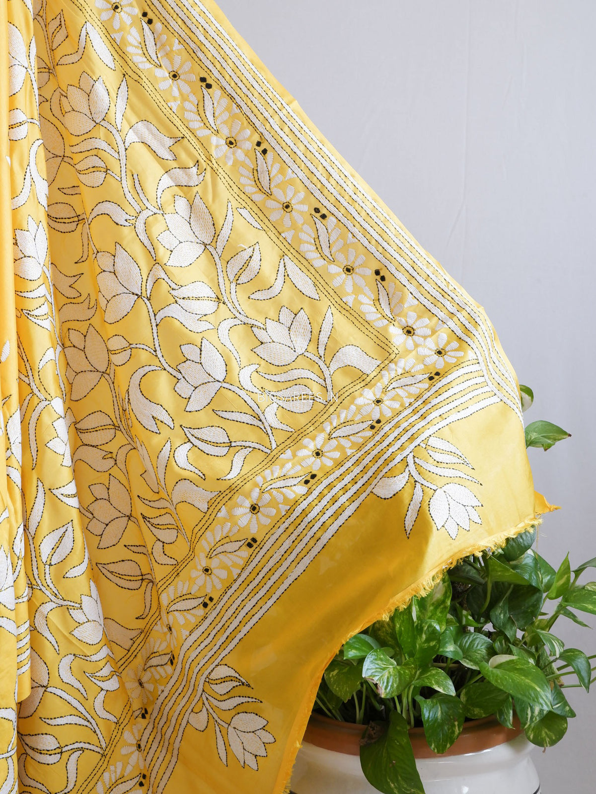 Kantha - Stitch Hand Embroidered Saree | Blended Bangalore Silk / Art Silk | Yellow
