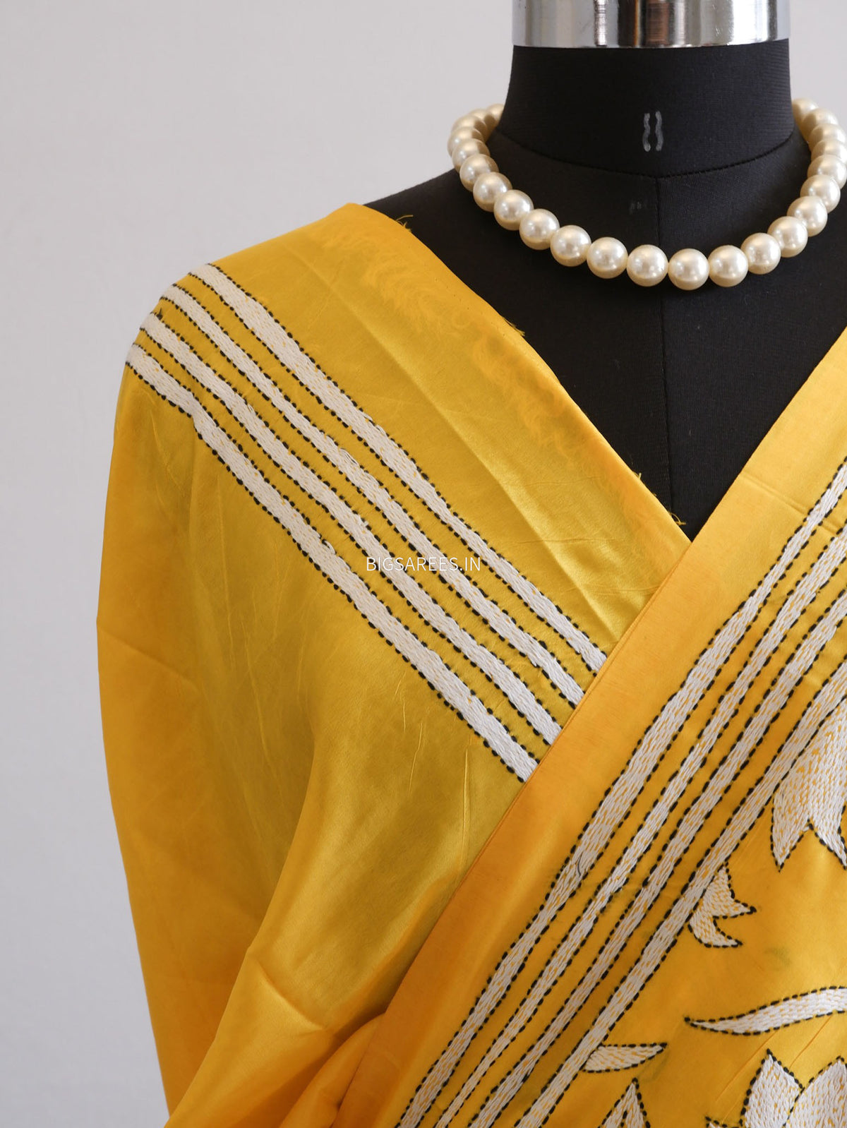 Kantha - Stitch Hand Embroidered Saree | Blended Bangalore Silk / Art Silk | Yellow