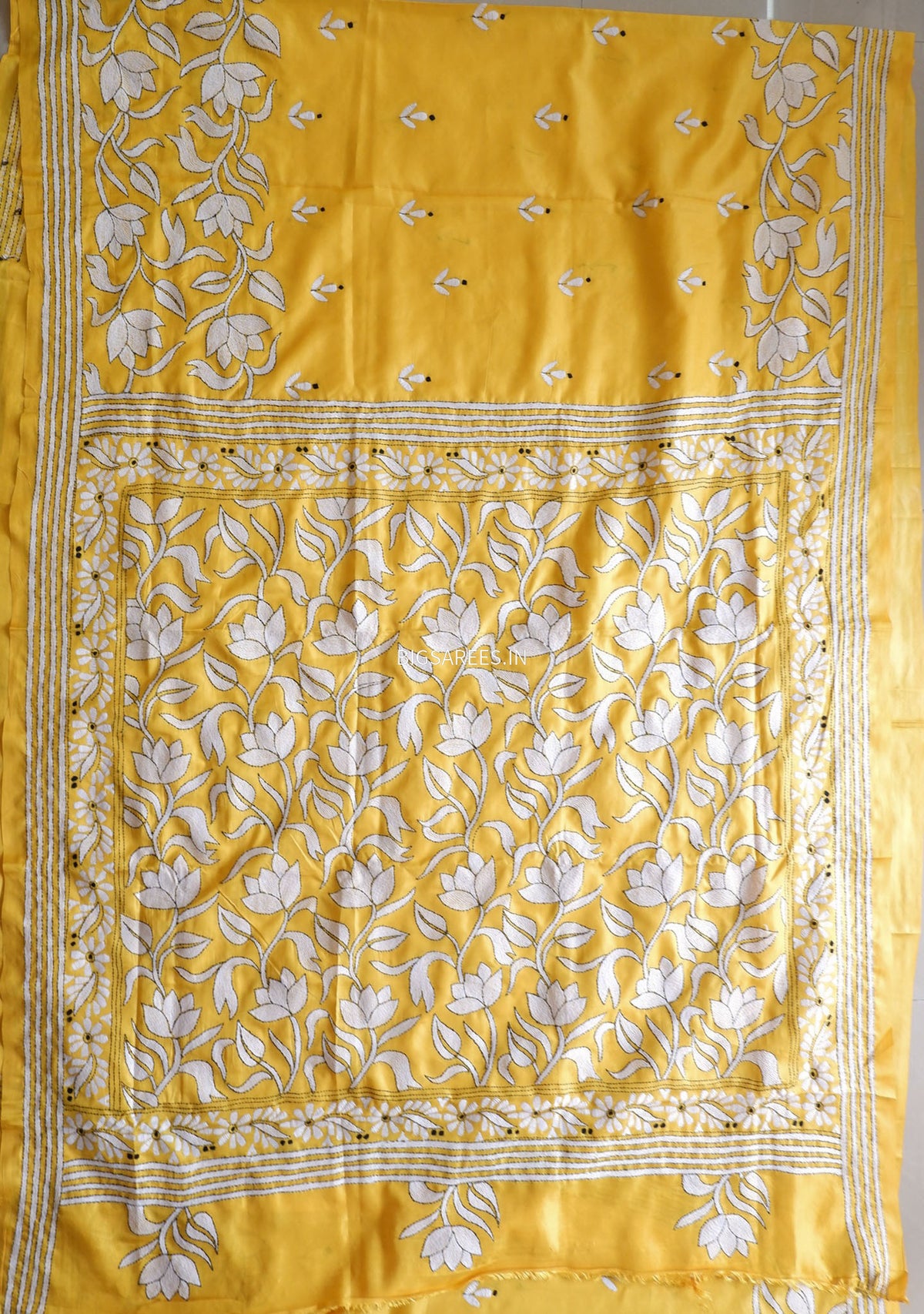 Kantha - Stitch Hand Embroidered Saree | Blended Bangalore Silk / Art Silk | Yellow